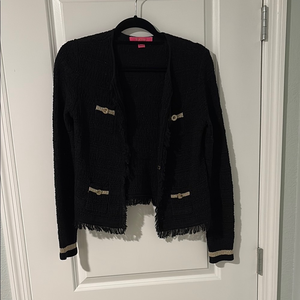 Lilly Pulitzer Black and Gold Cardigan Sweater with Textured Hem